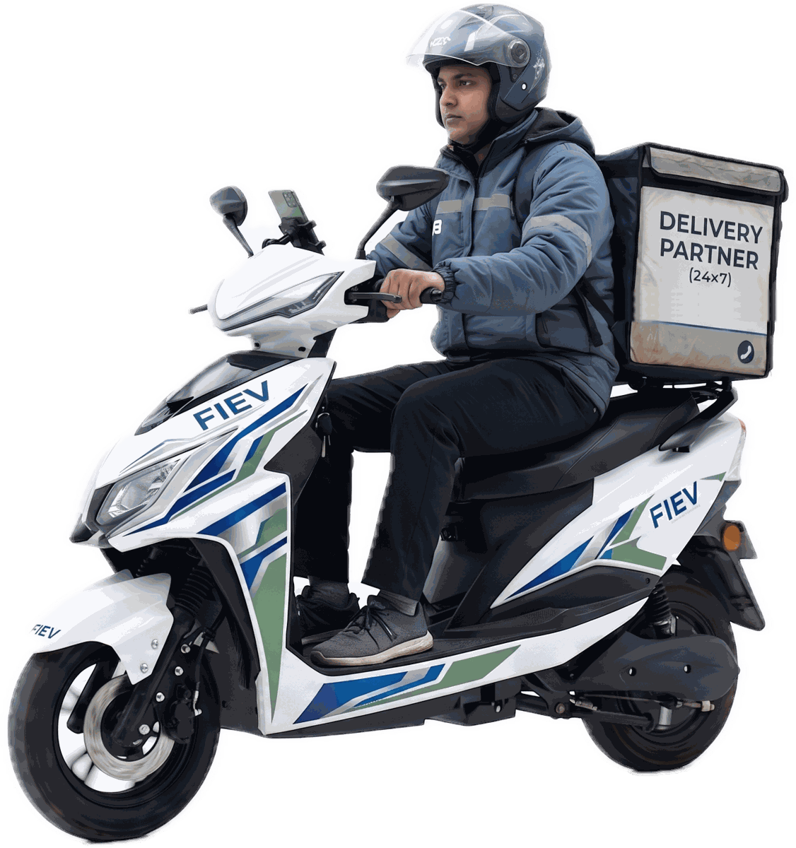 A delivery partner riding a FiEV electric scooter with a delivery box mounted behind the seat