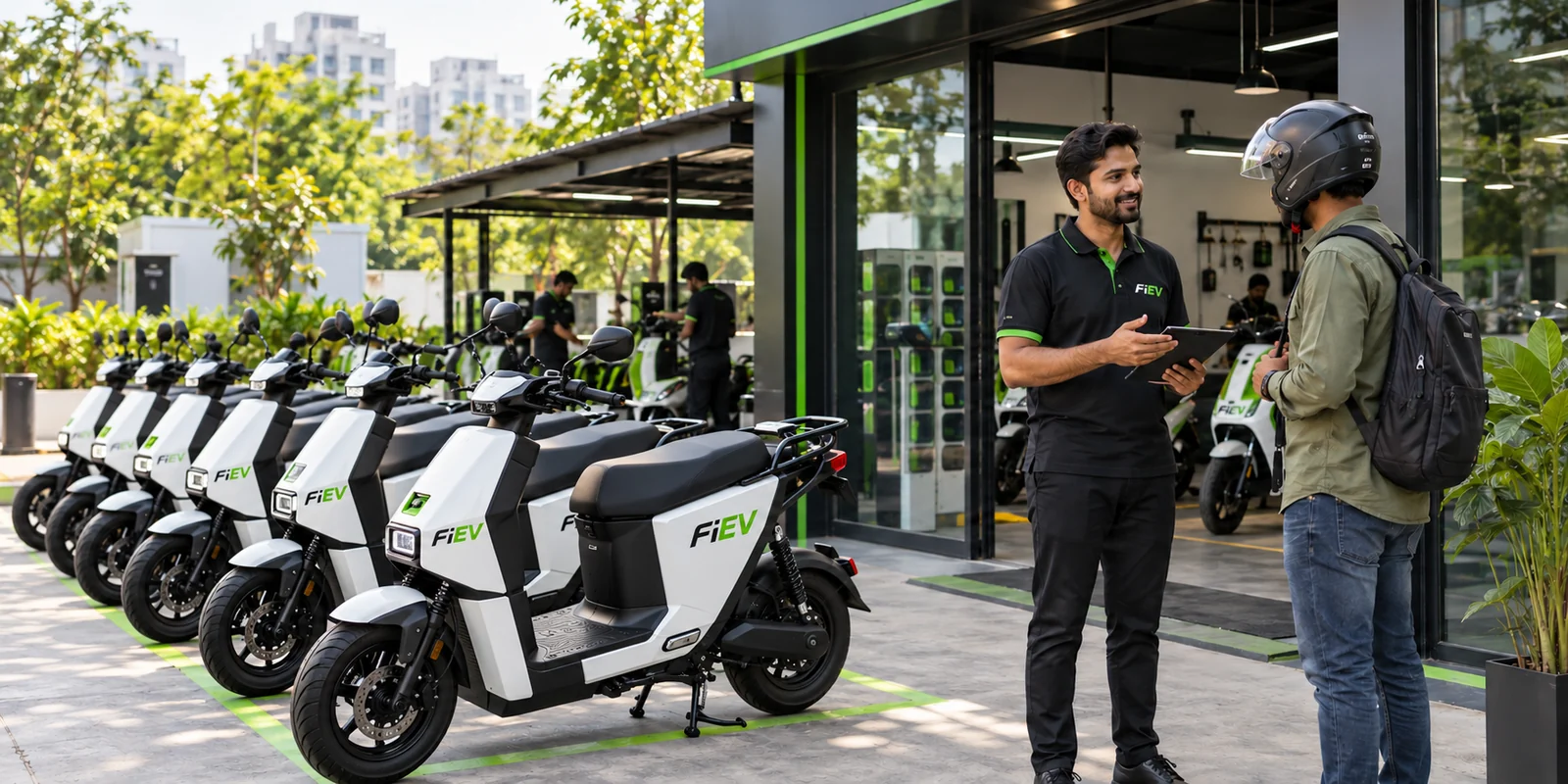 FiEV scooters and rider support at a mobility hub