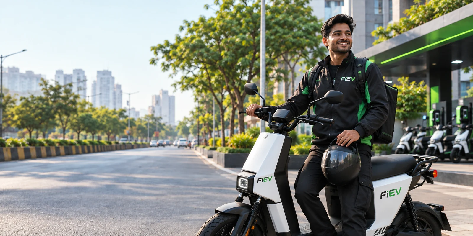 FiEV delivery rider with an electric scooter in the city